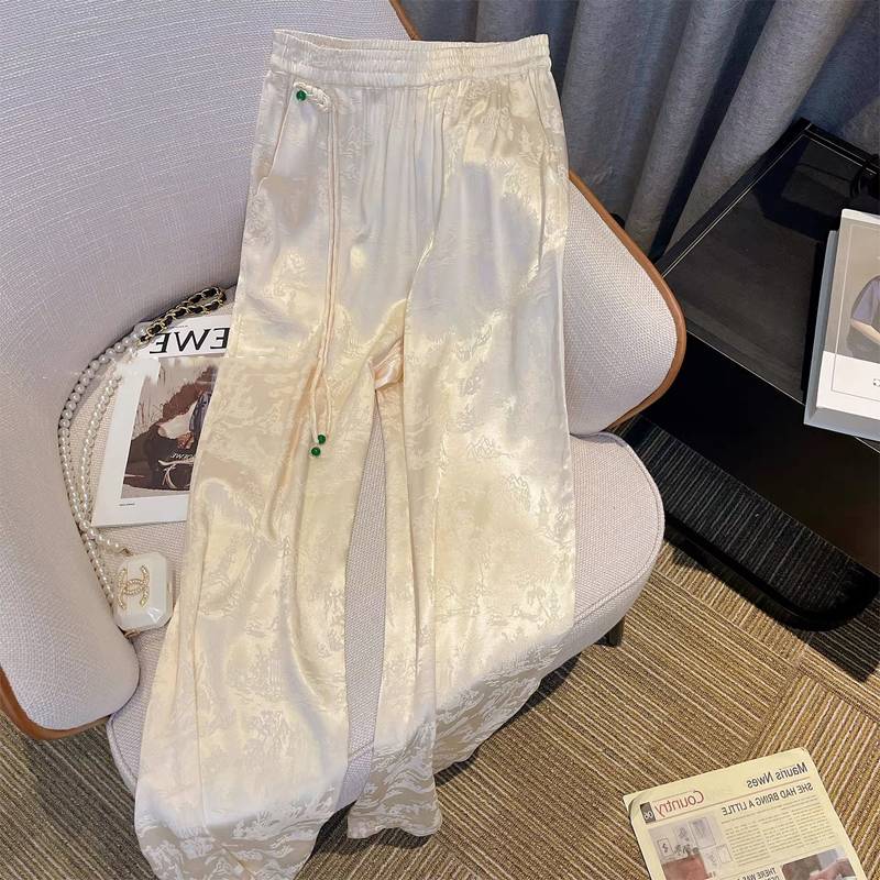 Clear warehouse leakage big -name cutting label spring women's new Chinese national style casual leisure, satin wide -leg trousers