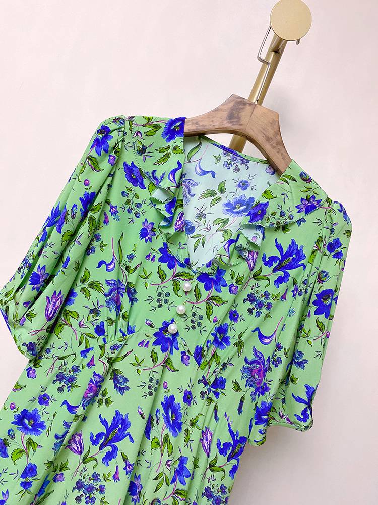 90325 British Light Luxury LK Shuangya Short Silk Short -sleeved Lace -to -Silk Pearl Dipping High -waisted Beer -short Dress