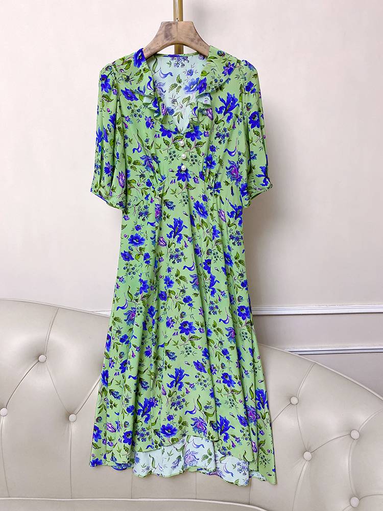 90325 British Light Luxury LK Shuangya Short Silk Short -sleeved Lace -to -Silk Pearl Dipping High -waisted Beer -short Dress