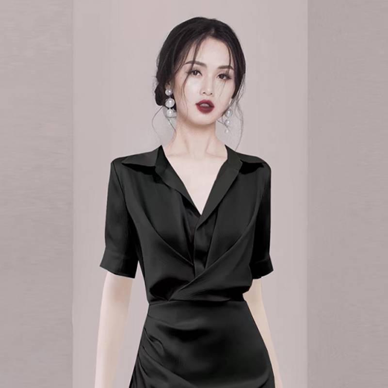 Counter withdrawal single Light luxury summer women's clothing Xiaoxiang Hebenwind Waist Wiring satin shirt dress