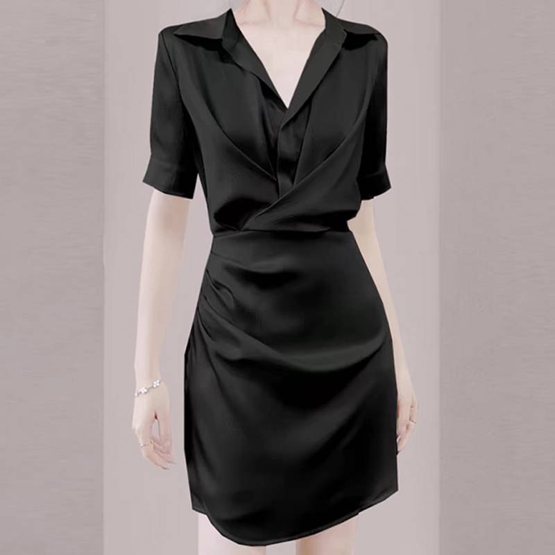 Counter withdrawal single Light luxury summer women's clothing Xiaoxiang Hebenwind Waist Wiring satin shirt dress