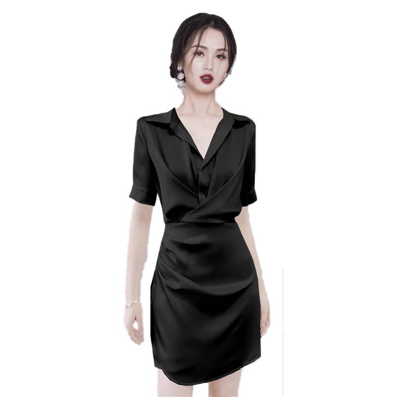 Counter withdrawal single Light luxury summer women's clothing Xiaoxiang Hebenwind Waist Wiring satin shirt dress