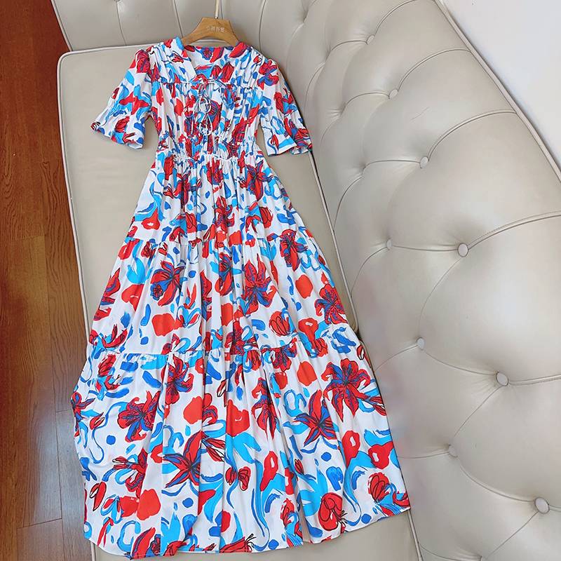 204B 785 Trendy Luxury Flower Printing front chest strap high waist cotton blended horn short sleeve skirt