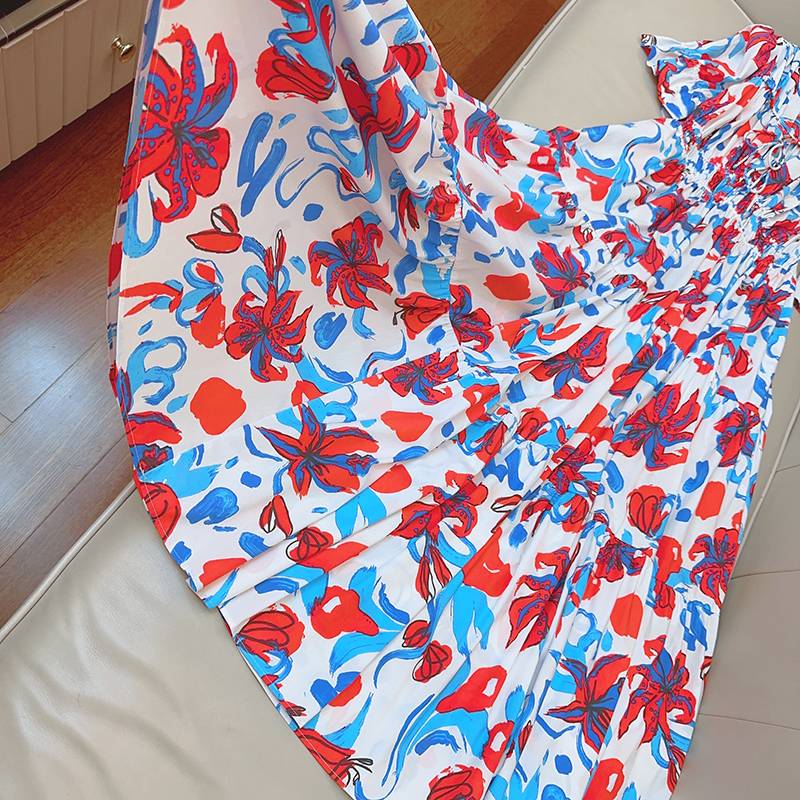 204B 785 Trendy Luxury Flower Printing front chest strap high waist cotton blended horn short sleeve skirt