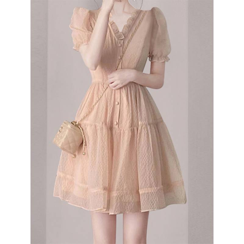 The mall withdraws the tail single -cutting label women's small incense pink pink V -neck spin bubble sleeve sleeve dress summer summer
