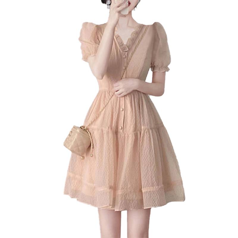 The mall withdraws the tail single -cutting label women's small incense pink pink V -neck spin bubble sleeve sleeve dress summer summer