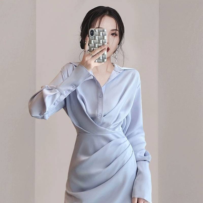 Exit the original Italian single withdrawal cabinet autumn women's small incense wind satin irregular blue shirt dress