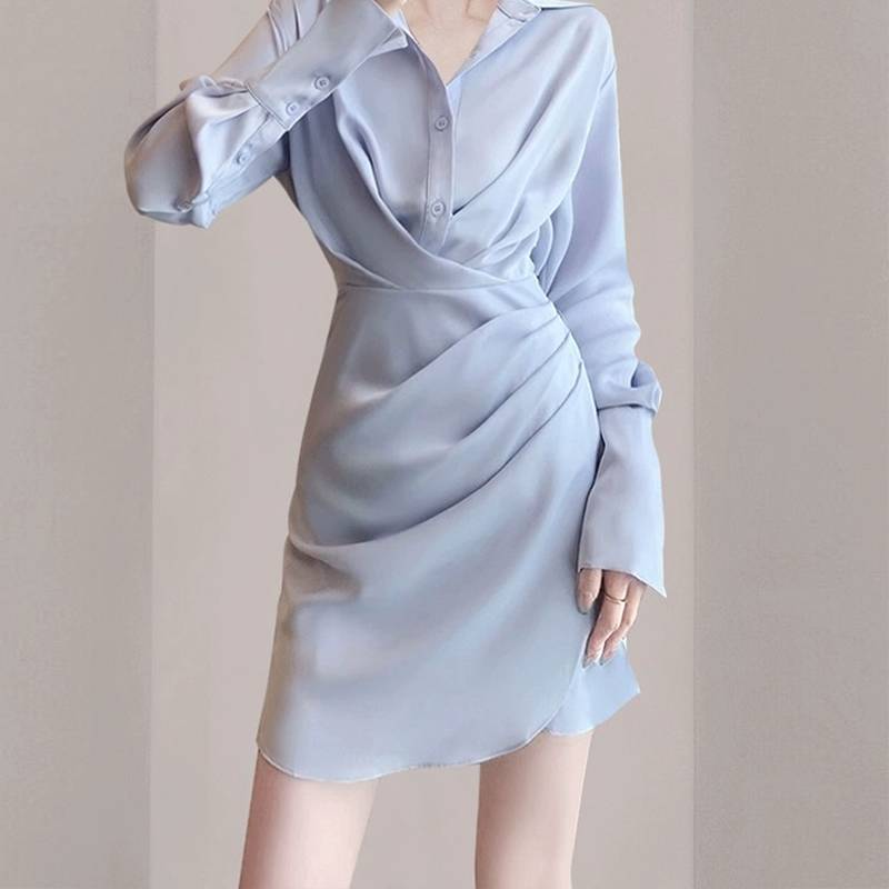 Exit the original Italian single withdrawal cabinet autumn women's small incense wind satin irregular blue shirt dress