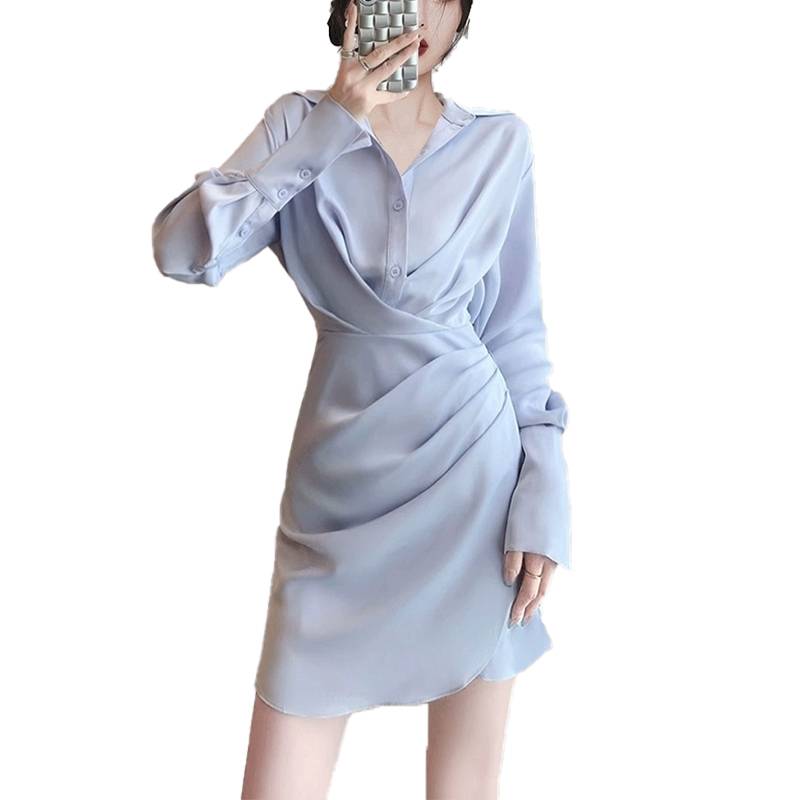 Exit the original Italian single withdrawal cabinet autumn women's small incense wind satin irregular blue shirt dress