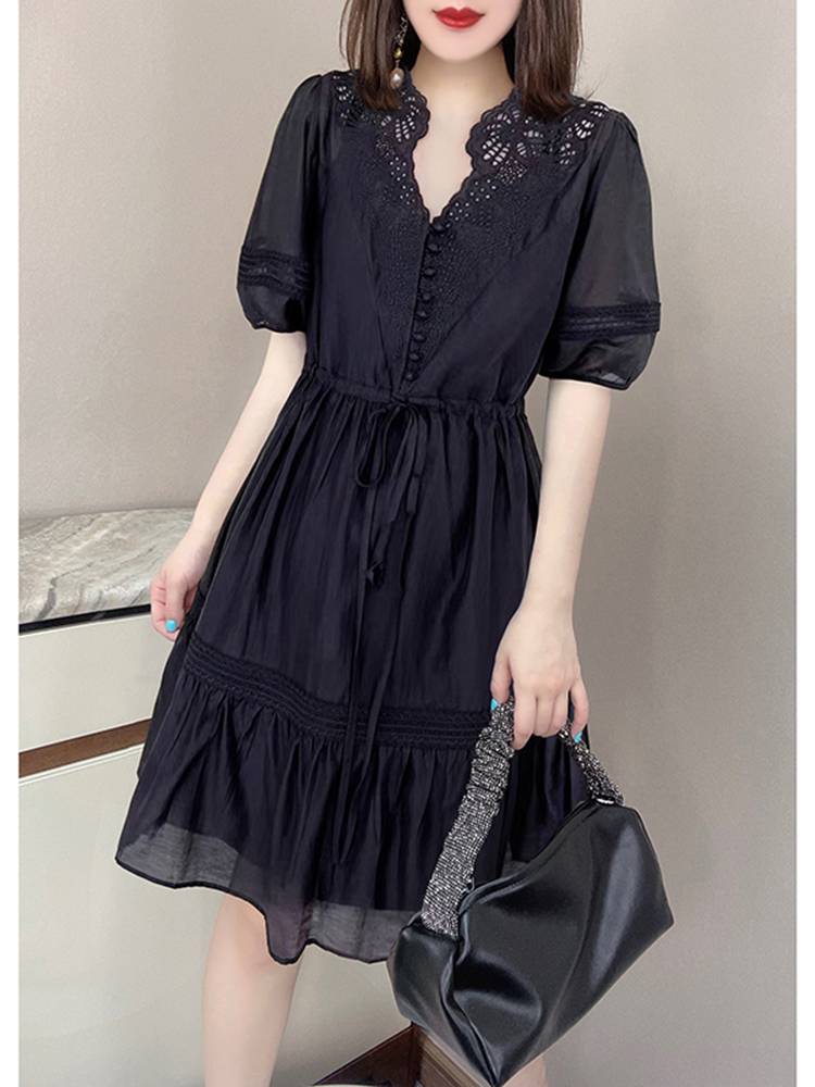 Outlet big -name cutting label to pick up the leakage and clear warehouse black waist thin bubble sleeve dress female European station summer