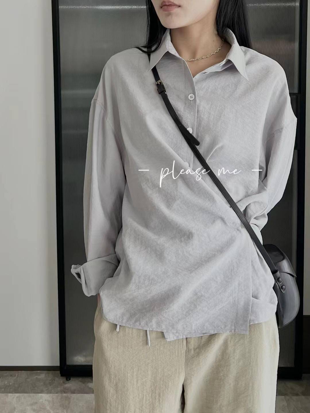 2024SS new product LM straight collar tie shirt shrinking silk, loose slanting solid color top female dry silk shirt