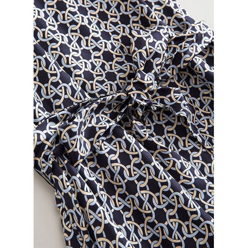 Dr. K Retro Chain Print/Real Silk Crowded Silk Collaring Lands Locked Waist Long Dress 4L0350