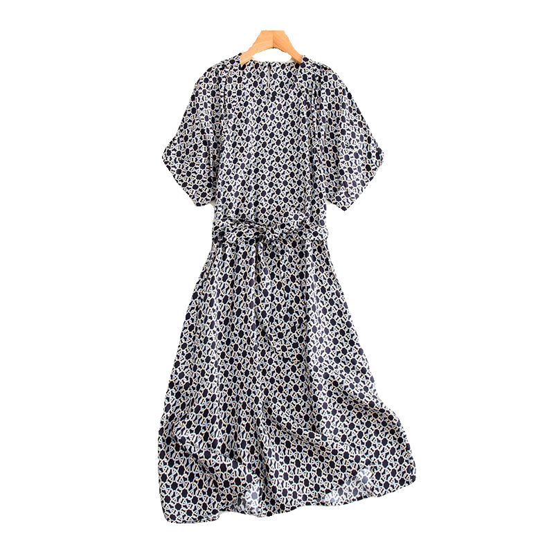 Dr. K Retro Chain Print/Real Silk Crowded Silk Collaring Lands Locked Waist Long Dress 4L0350