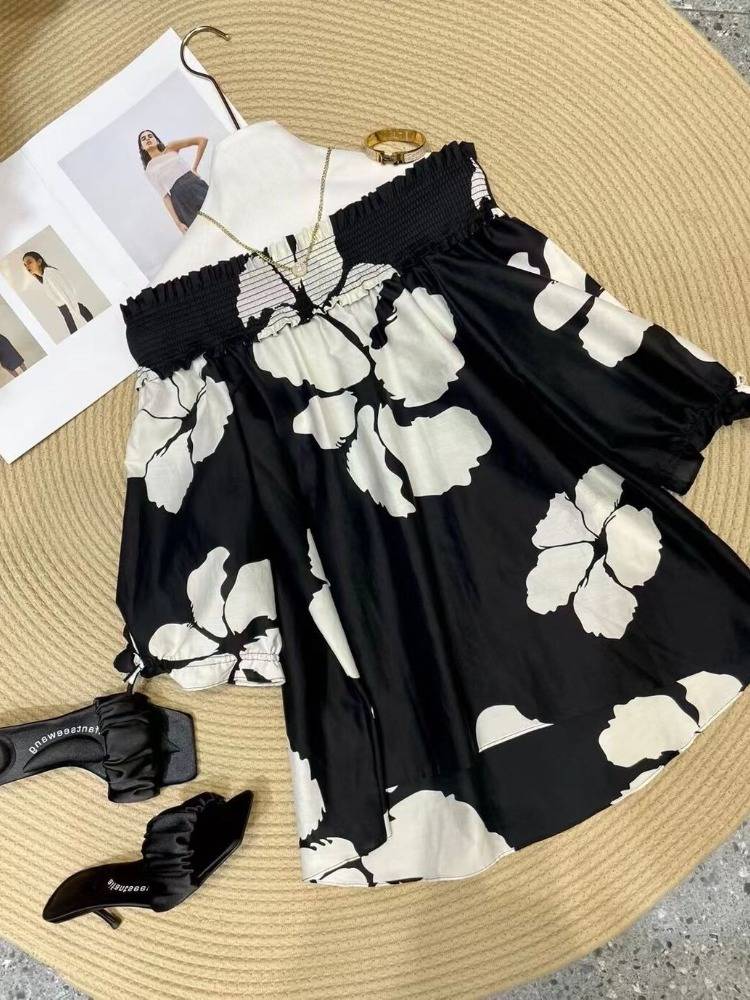 Brand withdrawal cabinet Clear Card European Style Fashion Words Received Black and White Printing Top Female Silk Silk Shirt
