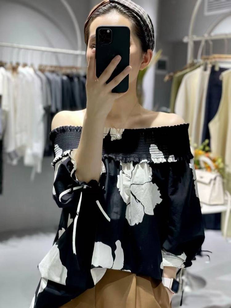 Brand withdrawal cabinet Clear Card European Style Fashion Words Received Black and White Printing Top Female Silk Silk Shirt