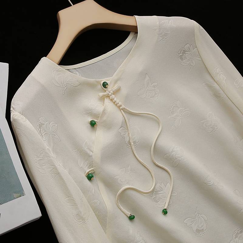 19 Mimi heavy 100 pure mulberry silk real silk ~ jacquard shirt women's national style new Chinese retro oblique long sleeve top