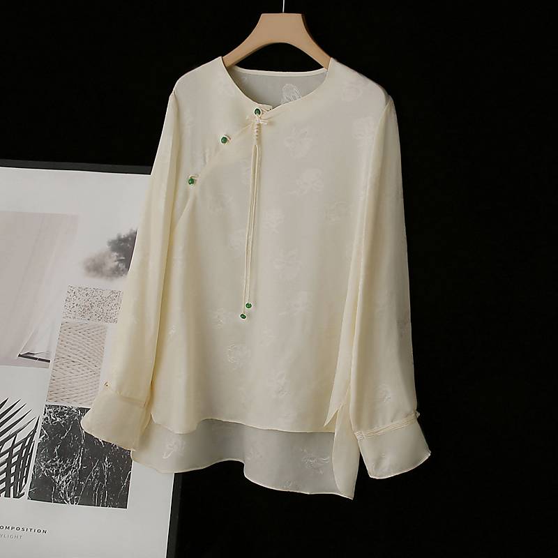 19 Mimi heavy 100 pure mulberry silk real silk ~ jacquard shirt women's national style new Chinese retro oblique long sleeve top