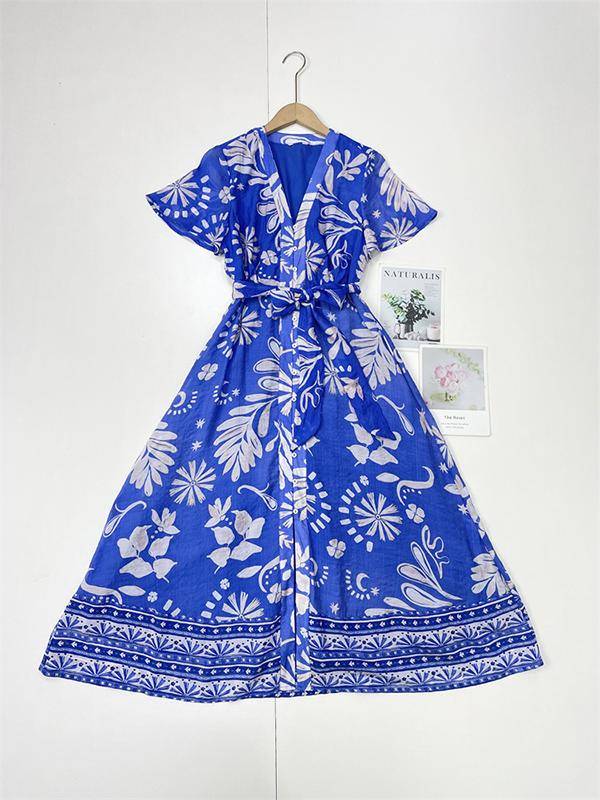 Y4 retro flower color ~ temperament casual external single 24 summer new women's V -neck horn sleeve dress