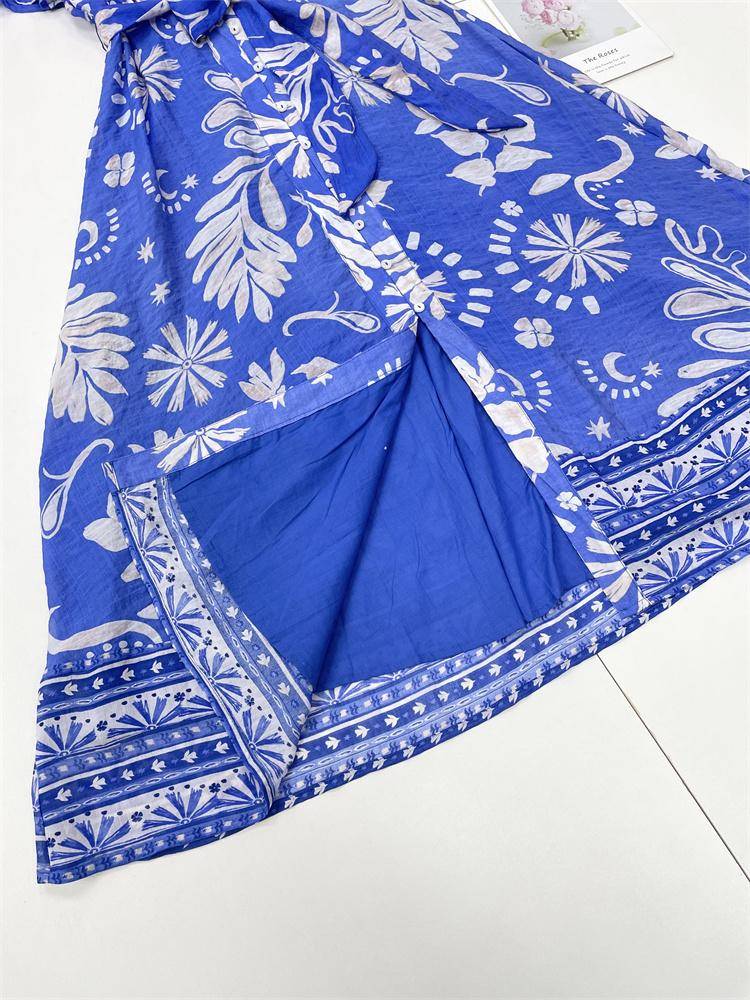 Y4 retro flower color ~ temperament casual external single 24 summer new women's V -neck horn sleeve dress