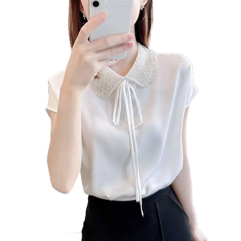 Heavy worker beaded silk top female high -level feeling summer silk silk short -sleeved T -shirt collar collar with satin shirt