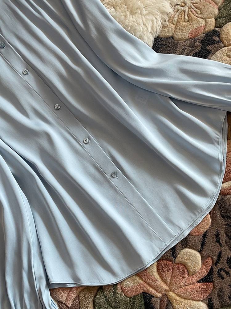 French new temperament light blue stand -up really silk shirt double arbor satin shirt elastic saturant silk silk loose top