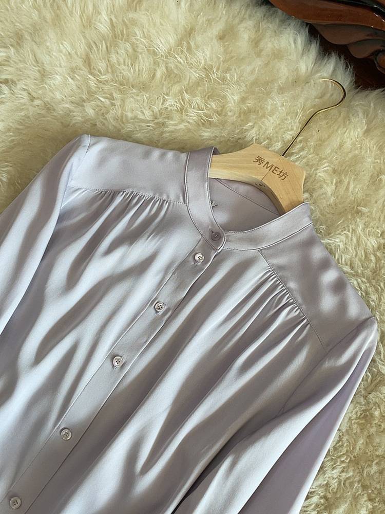 French new temperament light blue stand -up really silk shirt double arbor satin shirt elastic saturant silk silk loose top