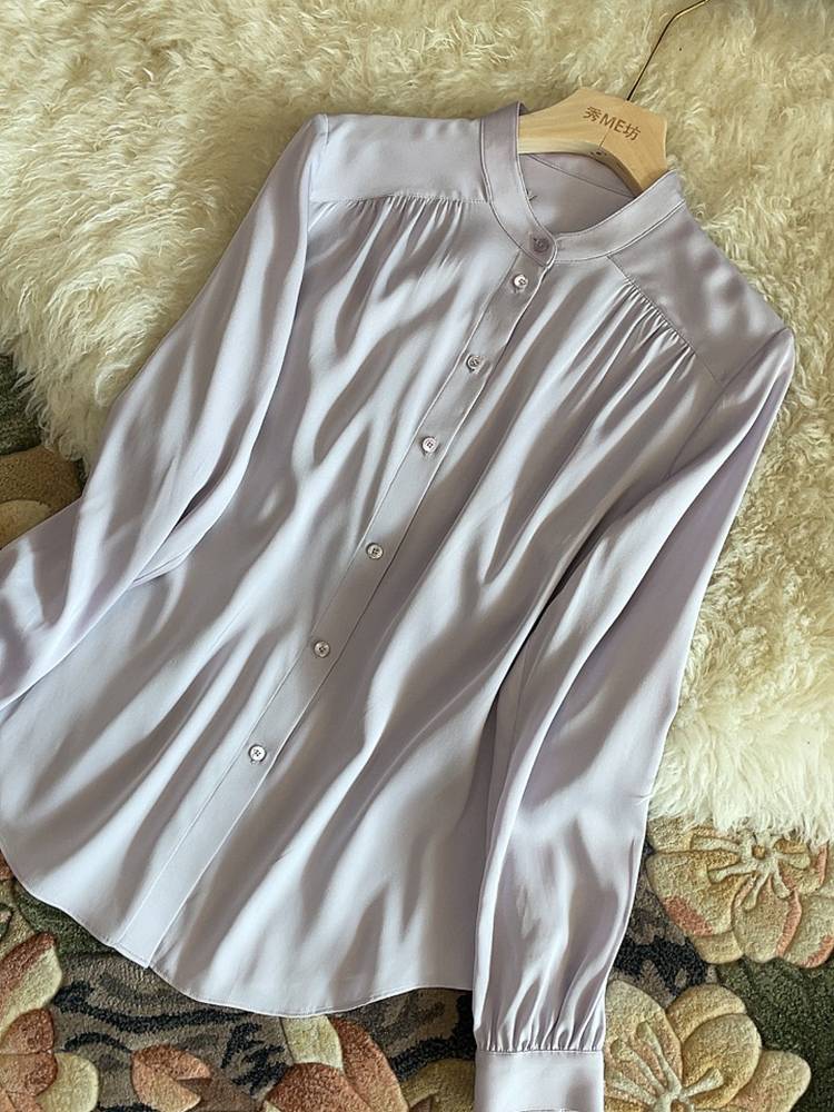 French new temperament light blue stand -up really silk shirt double arbor satin shirt elastic saturant silk silk loose top