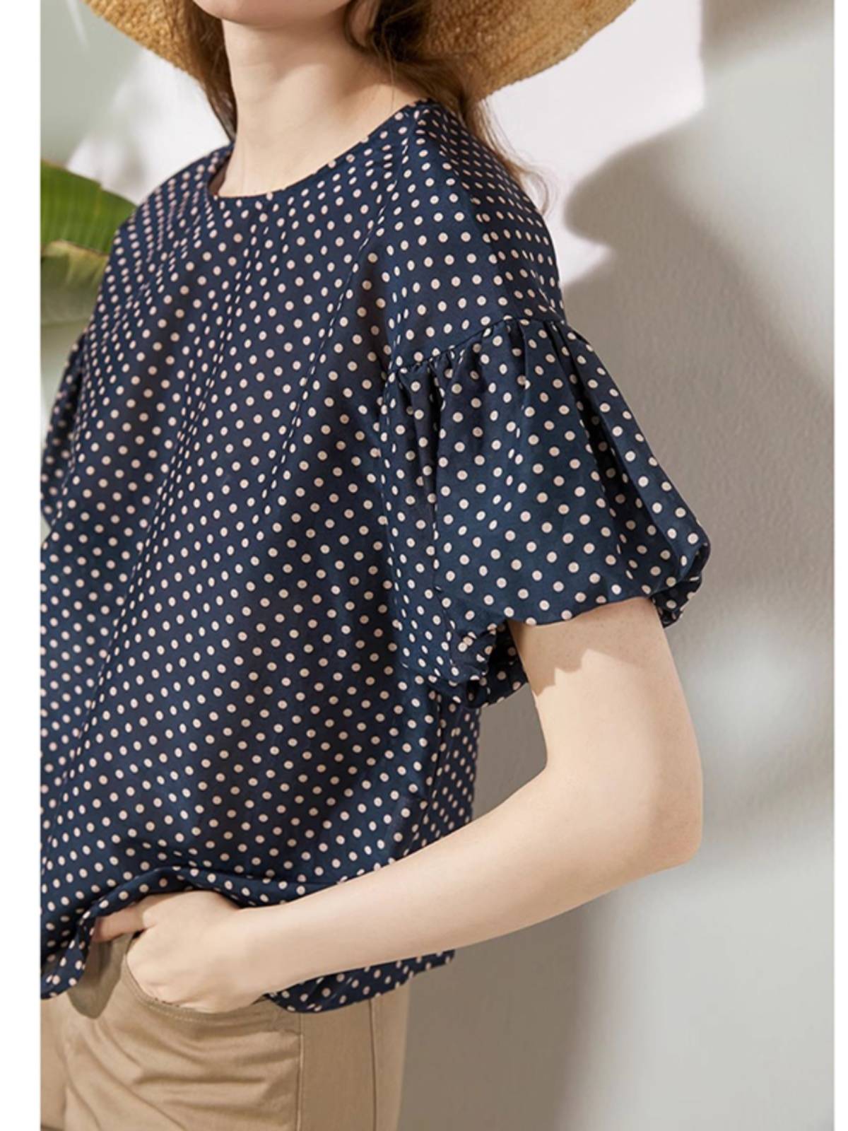 Real silk mulberry silk silk cotton exit original single OL high -end fashion foreign gas wave dot short -sleeved shirt top