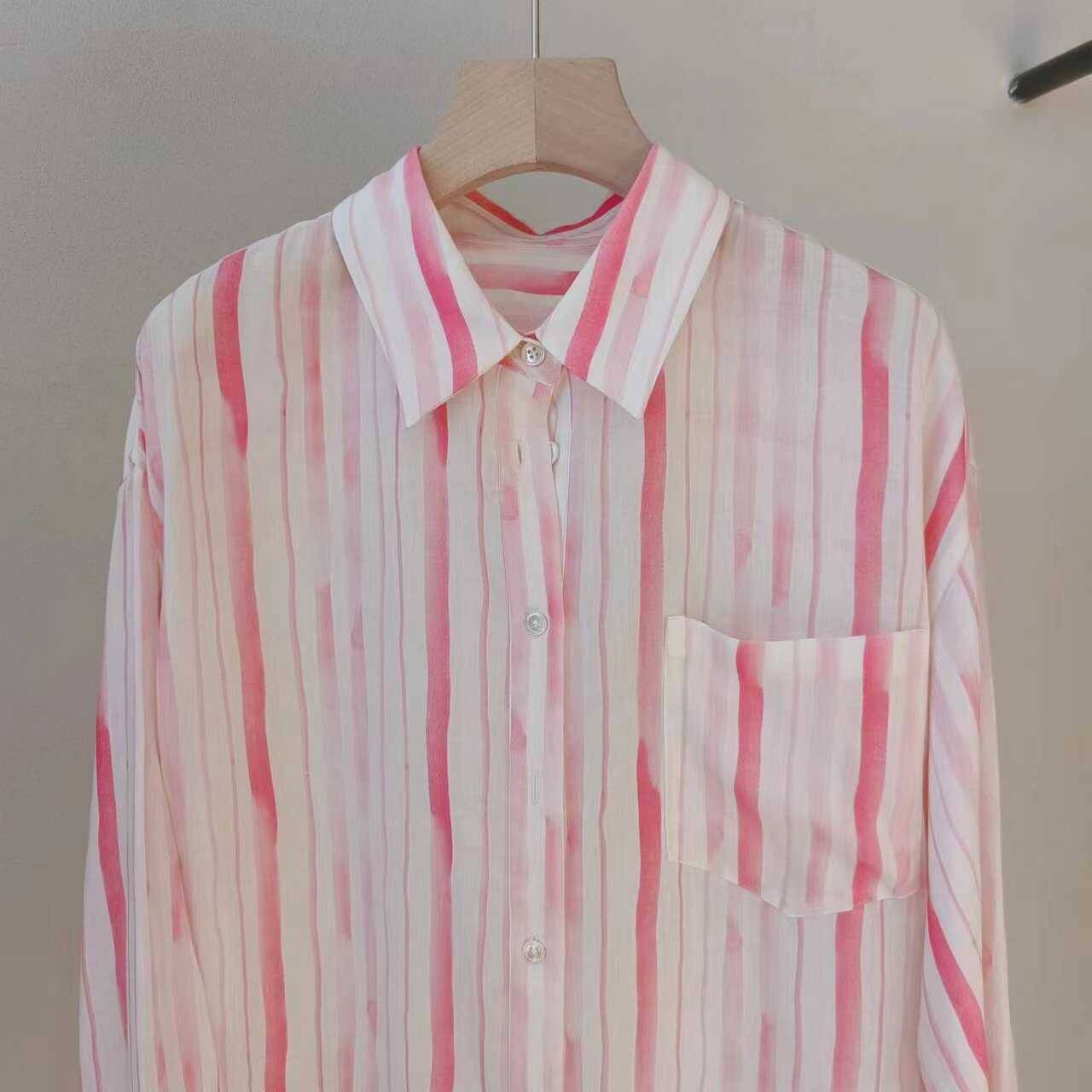 24722 Fashion lapel printing and dyeing vertical stripes of hemons blended shirts