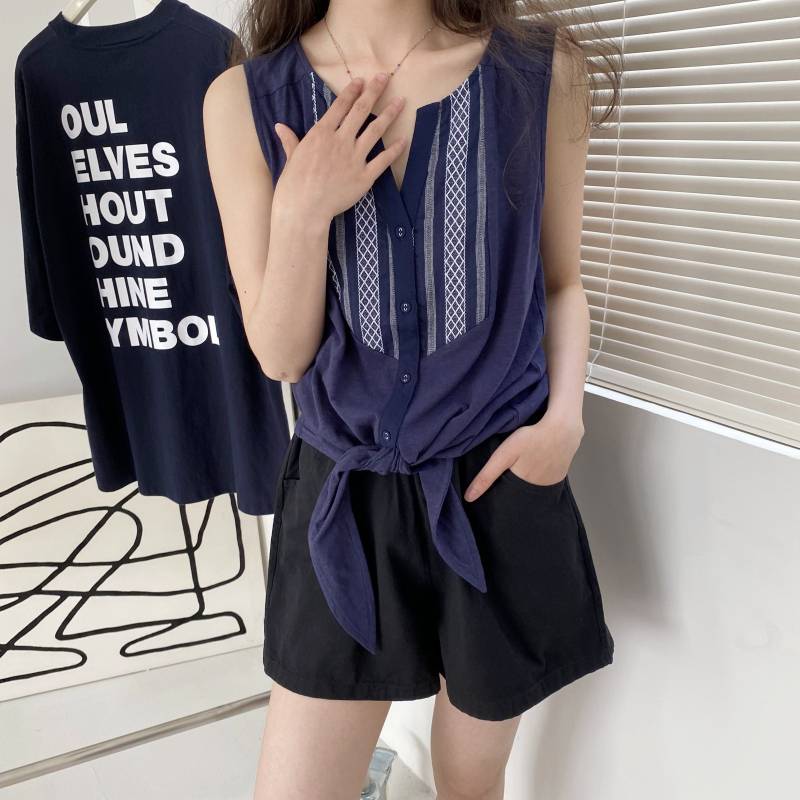 !33493# Pure cotton soft texture material stitching sleeveless vest T -shirt 0.12kg