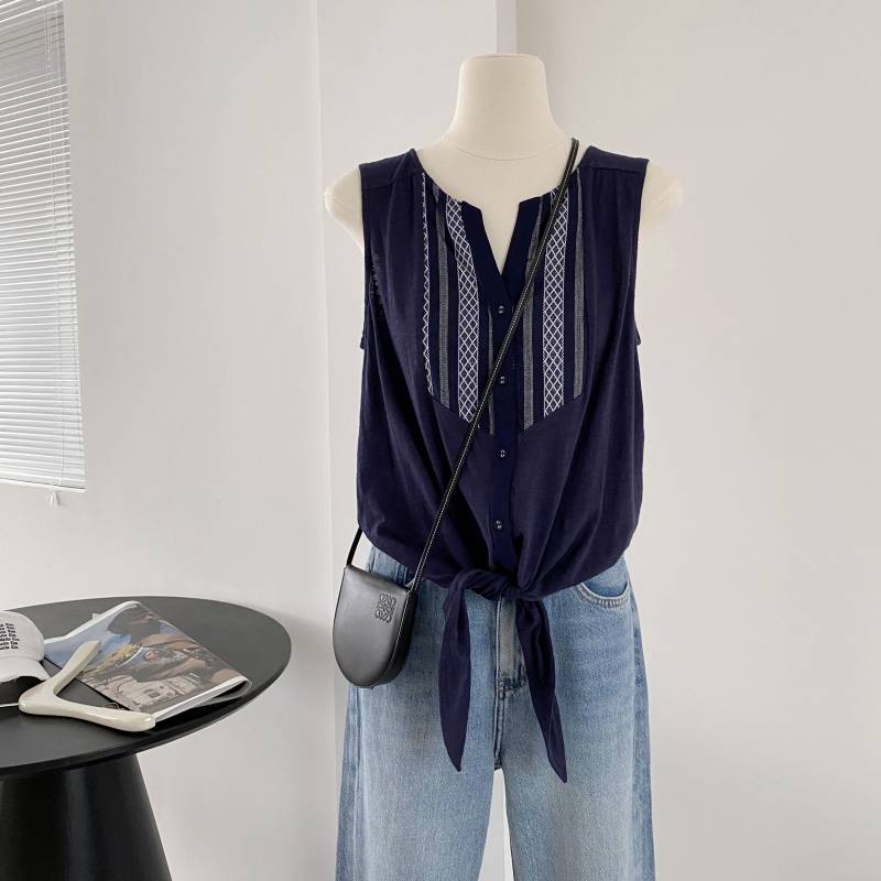 !33493# Pure cotton soft texture material stitching sleeveless vest T -shirt 0.12kg