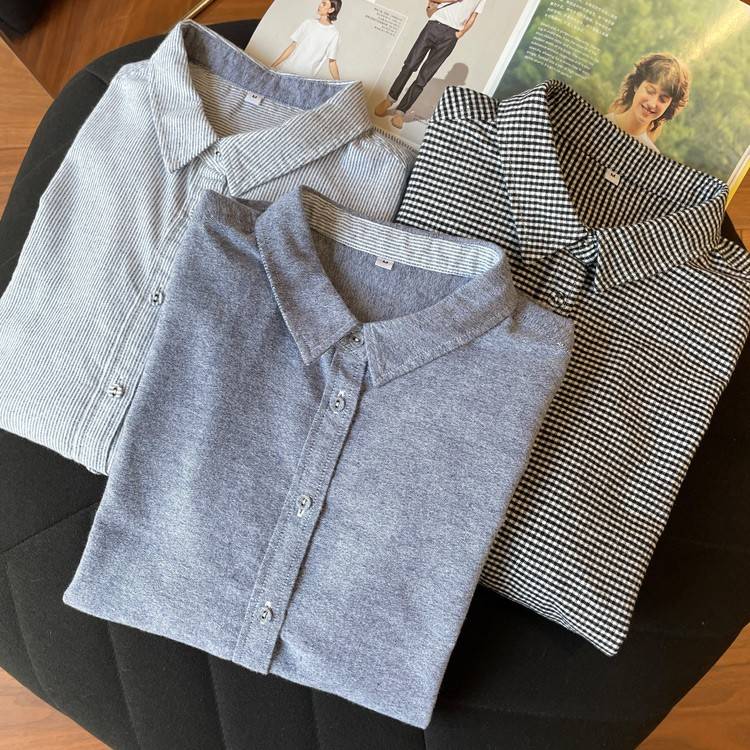 Japanese guests are soft, skin -friendly, literary and fresh, all cotton grinding, all -matte striped long -sleeved women's shirt
