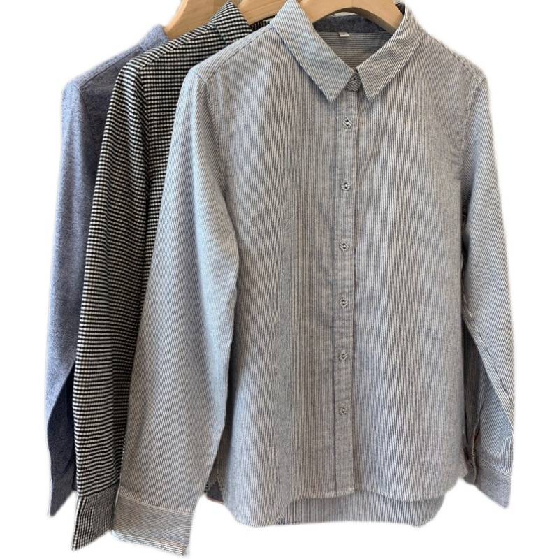 Japanese guests are soft, skin -friendly, literary and fresh, all cotton grinding, all -matte striped long -sleeved women's shirt