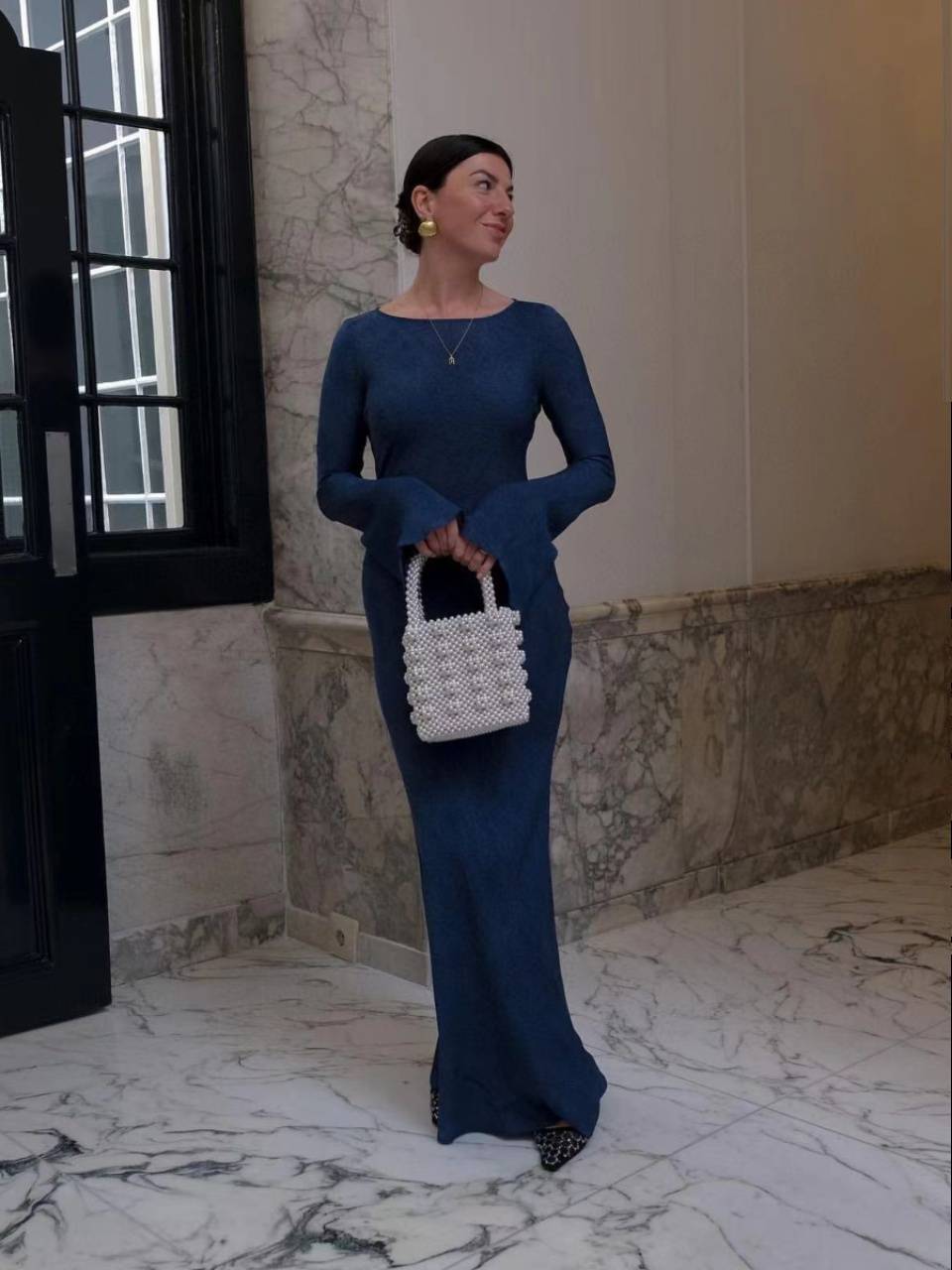 Create a lazy goddess style ~ Doman's retro style silk horn sleeve sleeve temperament long dress