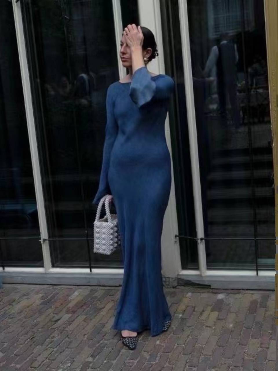 Create a lazy goddess style ~ Doman's retro style silk horn sleeve sleeve temperament long dress