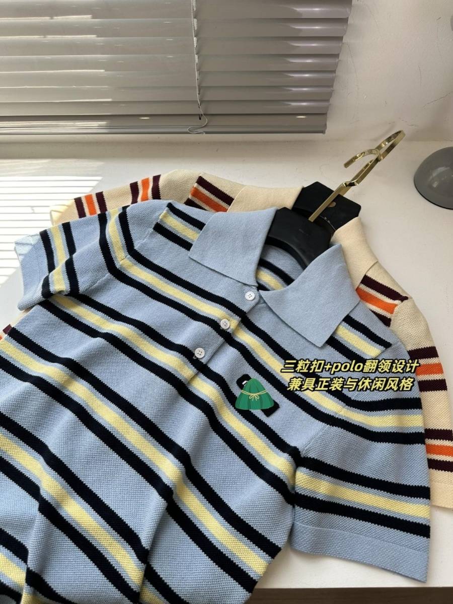 Yuan fabric ~ 40 mulberry silk+60 cotton ~ French retro contrasting color stripe short Polo lead short -sleeved T -shirt