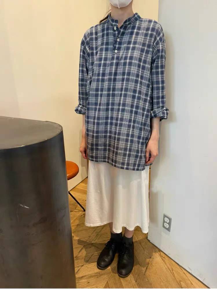 Key salt can be sweet Japanese thin classic stand -up collar pure cotton -colored woven blue grid long -sleeved shirt female spring and summer girl