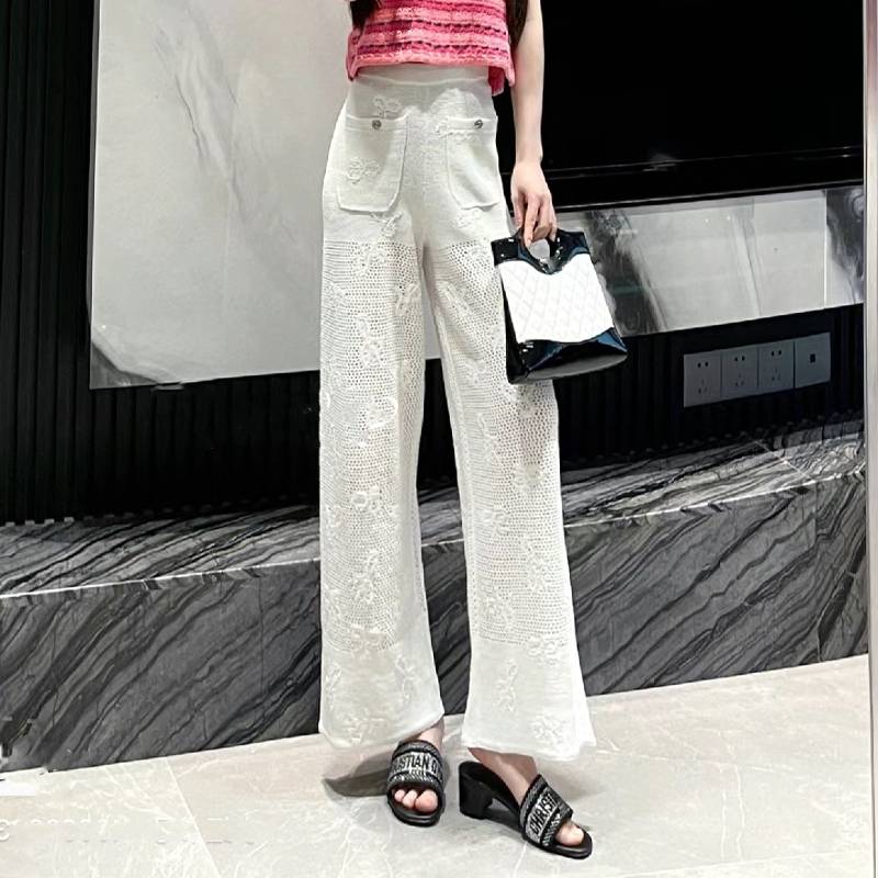 Tail single clearance treatment in summer women's small incense bows high -grade bow white straight wide -leg knitted trousers