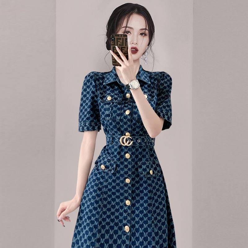 European original single Italian big -name women's small incense breeze POLO single -breed bubble sleeve denim dress