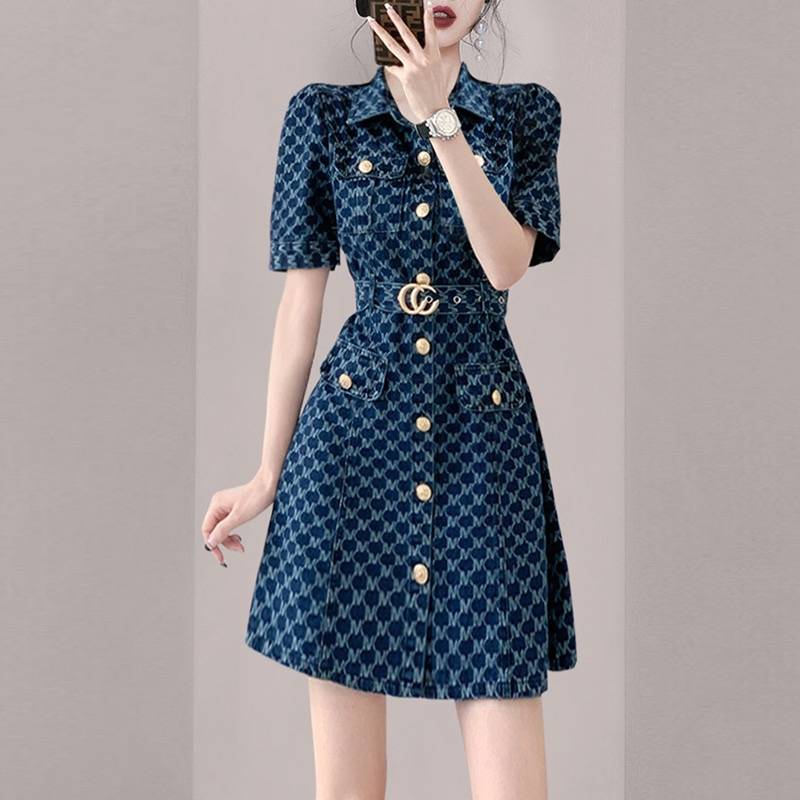 European original single Italian big -name women's small incense breeze POLO single -breed bubble sleeve denim dress