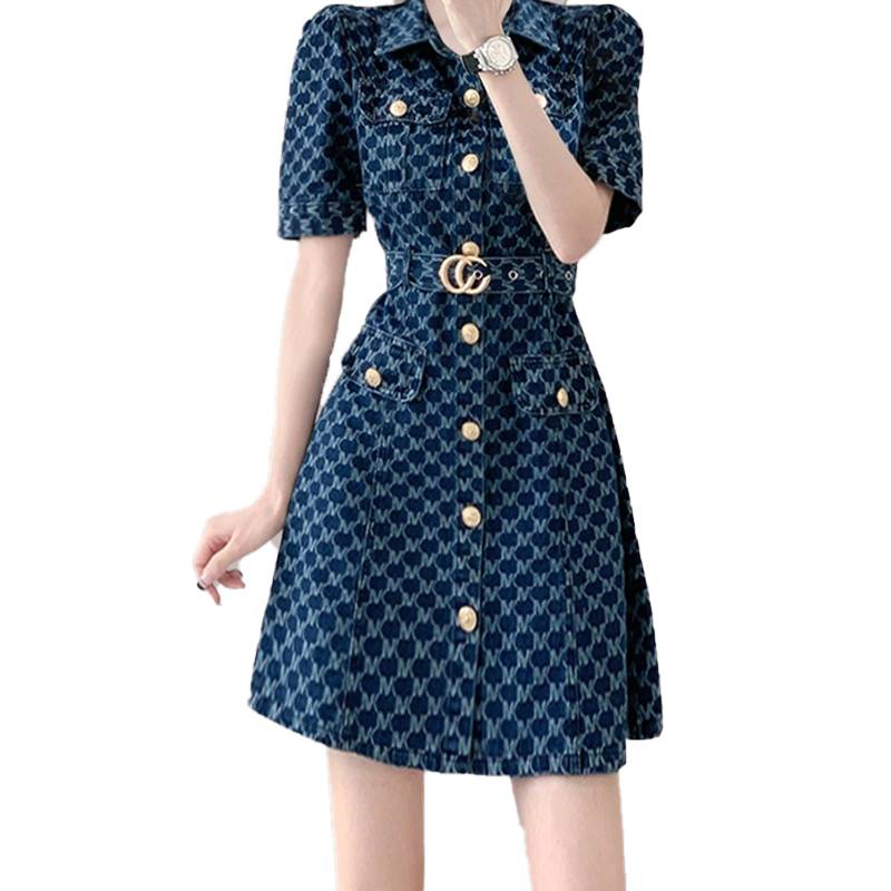 European original single Italian big -name women's small incense breeze POLO single -breed bubble sleeve denim dress