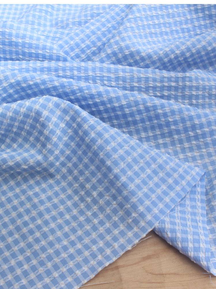 Korean single light blue weaving anti -wrinkle bubble grid fabric shirt clothing skirt, doll clothing curtain fabric