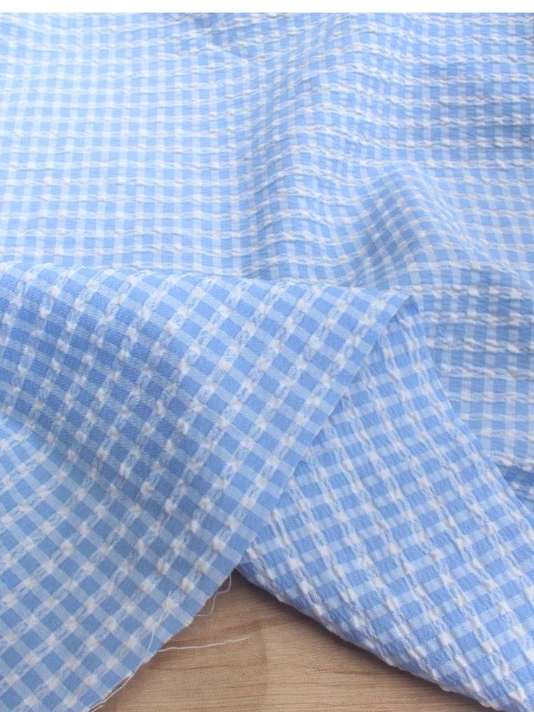 Korean single light blue weaving anti -wrinkle bubble grid fabric shirt clothing skirt, doll clothing curtain fabric
