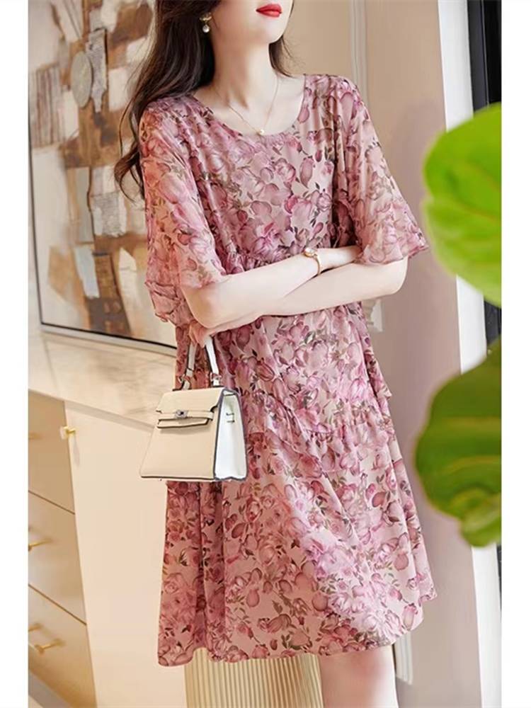 Original single Italian big name clearance leakage leak leaf sleeve stitching real silk crushed mulberry silk dress female summer