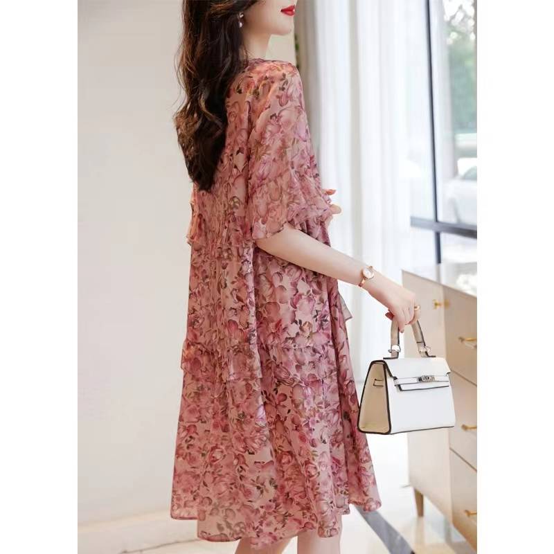Original single Italian big name clearance leakage leak leaf sleeve stitching real silk crushed mulberry silk dress female summer