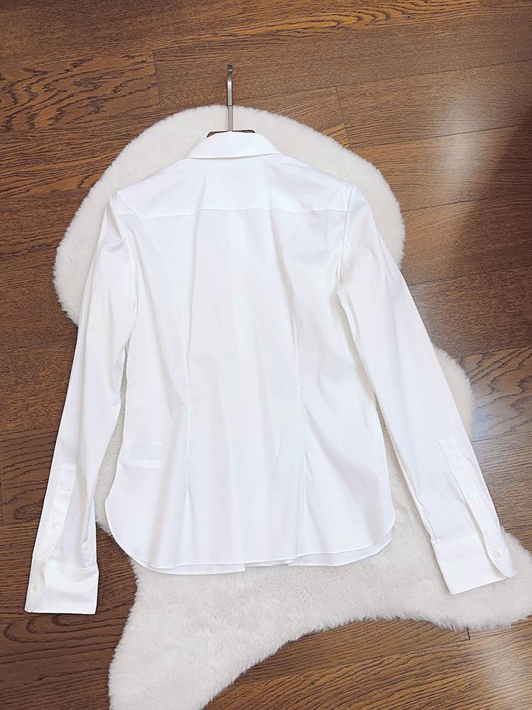 Mi Guo TH single imported elastic cotton simple lapel single -breasted slim cotton cotton texture long -sleeved white shirt top