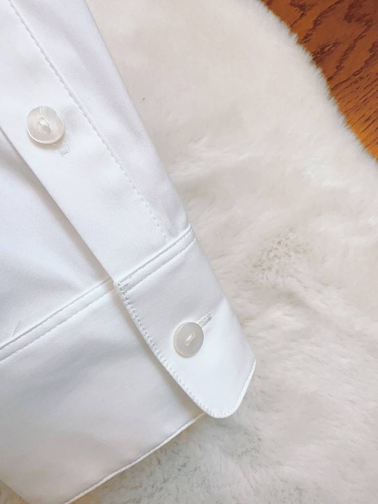 Mi Guo TH single imported elastic cotton simple lapel single -breasted slim cotton cotton texture long -sleeved white shirt top