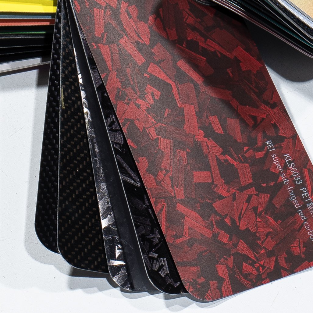 PET matte carbon fiber ethylene packaging film for external protection and customization of automobiles, with red pattern design