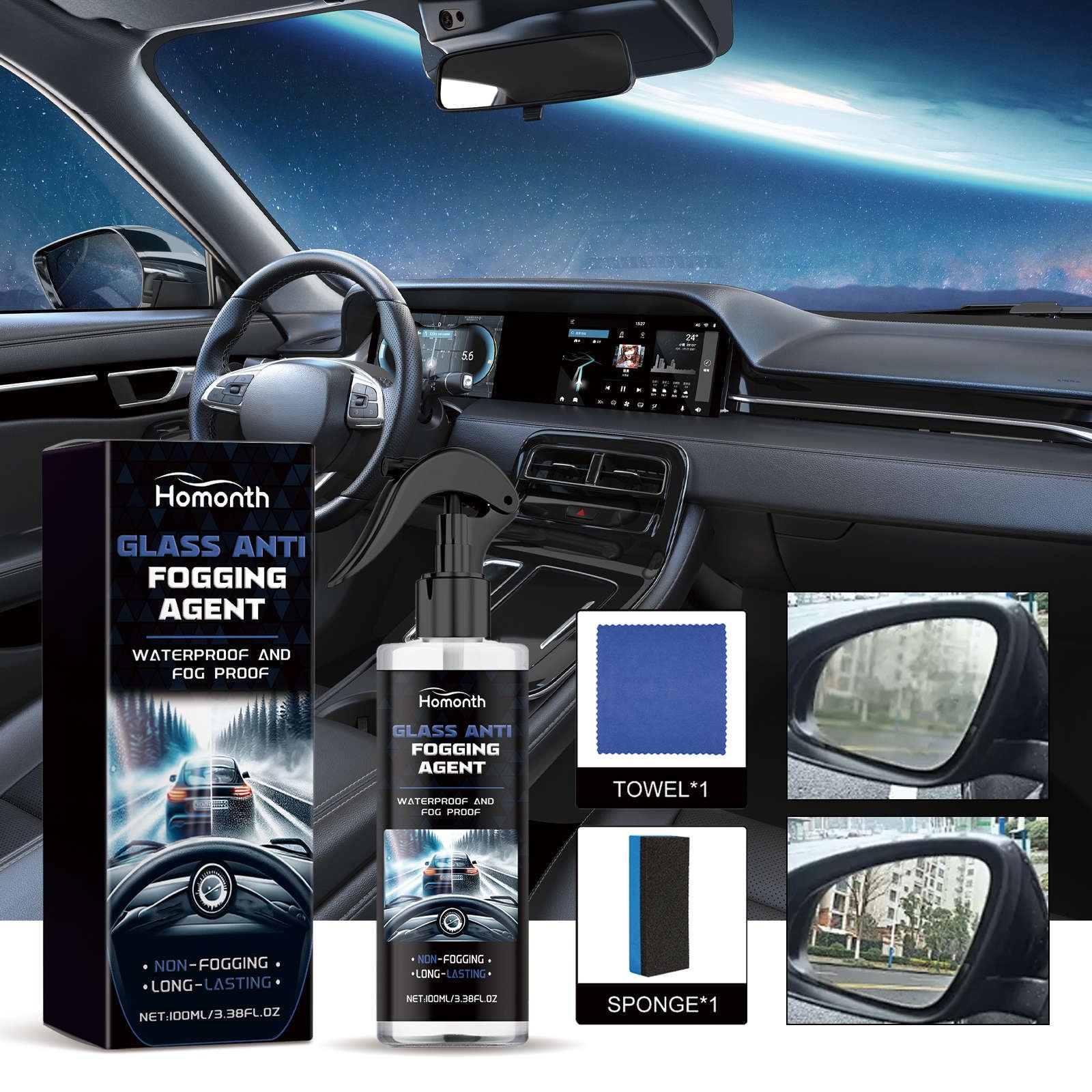 Car glass anti-fog agent, windshield degreasing agent, rainproof and water-repellent defogging agent, oil film cleaner