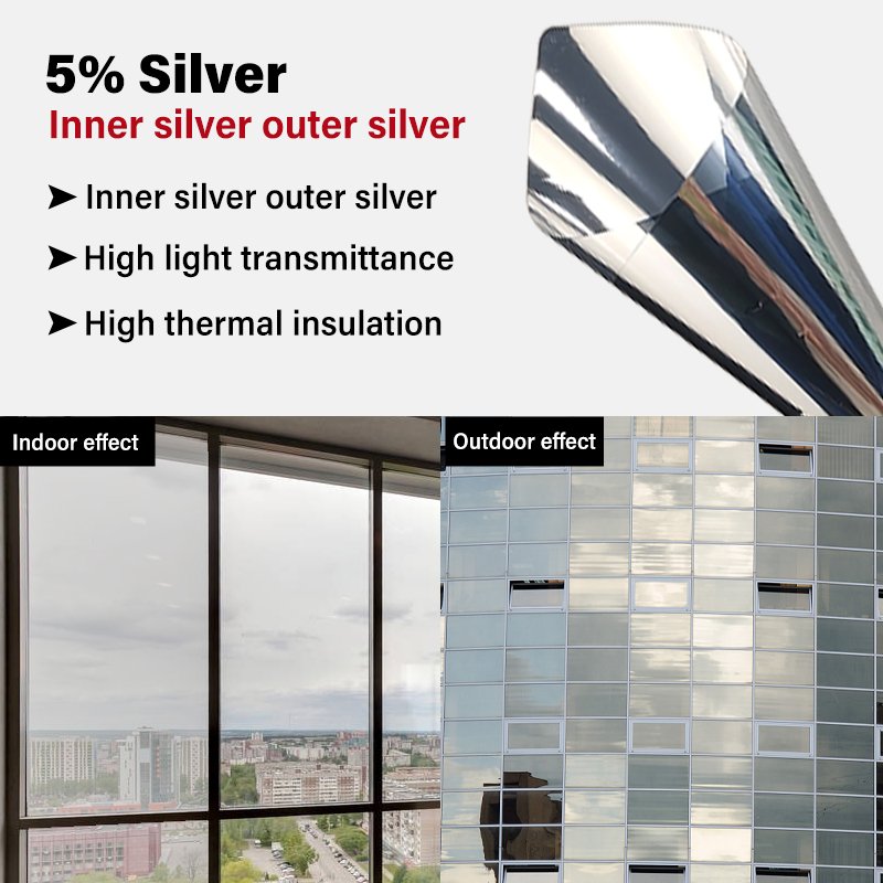 Privacy Window Film Sliver One Way Vision Reflective Building Tint Film Interior Home Decoration Window film Sliver 5%